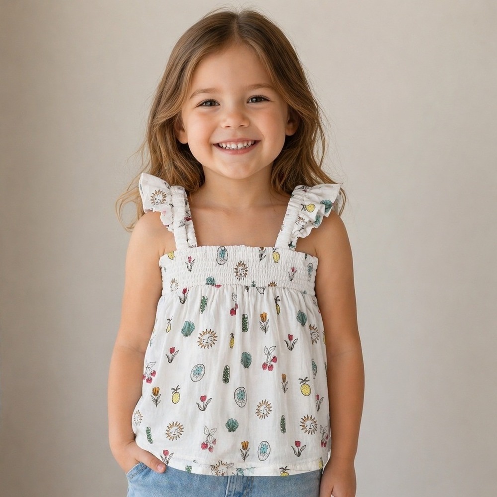 Finding Foxtale Tank Top White Fruit Sun Print Ruffle Smocked Boho Kids Size 4
